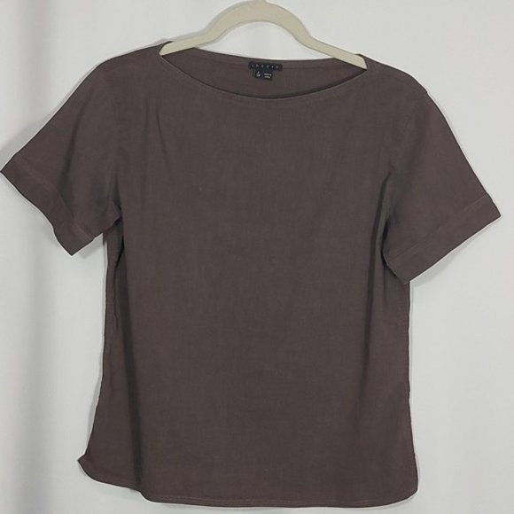 Theory Taupe Brown Linen Spandex Blend Boat Neck Short Sleeve Top SP D4 - Picture 1 of 7